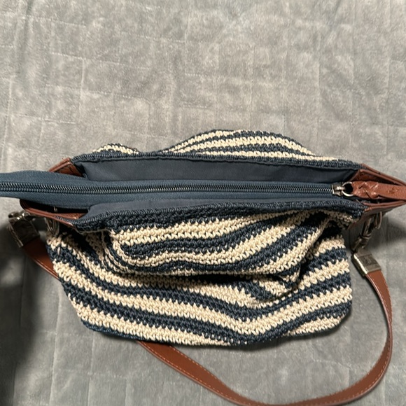 The Sak Crochet Purse, Navy Blue, White Striped, Brown, Zipper, Shoulder, Boho - Picture 3 of 11